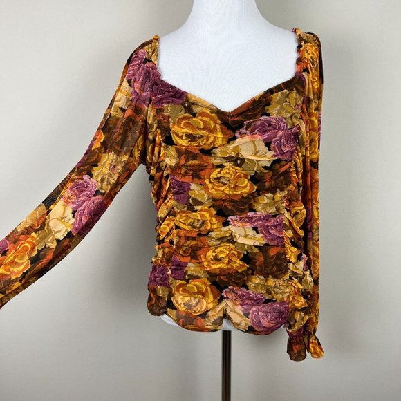 Jane + Delancey Blouse Top Women XL Multicolor Floral Ruched Off Shoulder Sheer - Picture 2 of 13